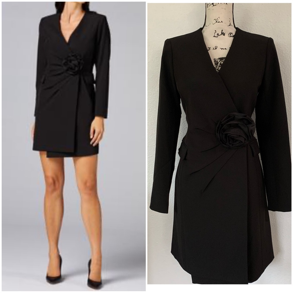 Cache Black Mini Wrap Dress with Rosette Accent